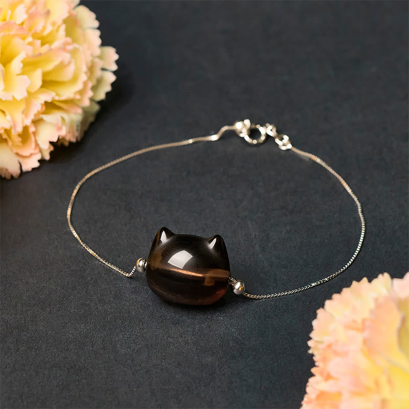 Bransoletka z Buddha Stones ze srebra próby 925 z naturalnym obsydianem lodowym i kotem - image 2