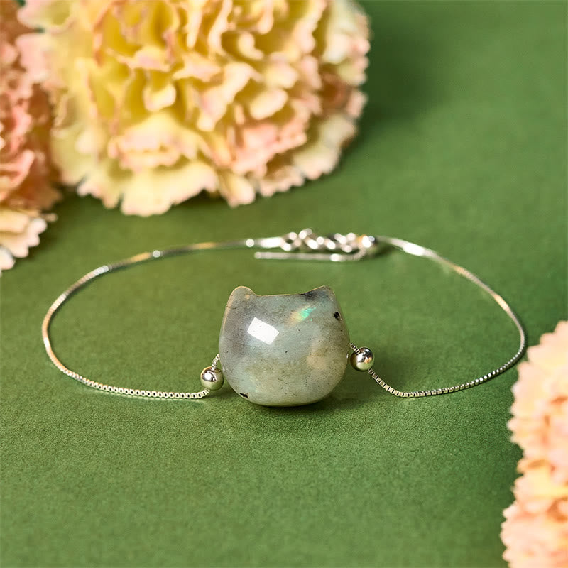 Bransoletka lecznicza z naturalnego labradorytu z Buddha Stones ze srebra próby 925 i beztwarzową głową kota - 18-22 cm - image 0