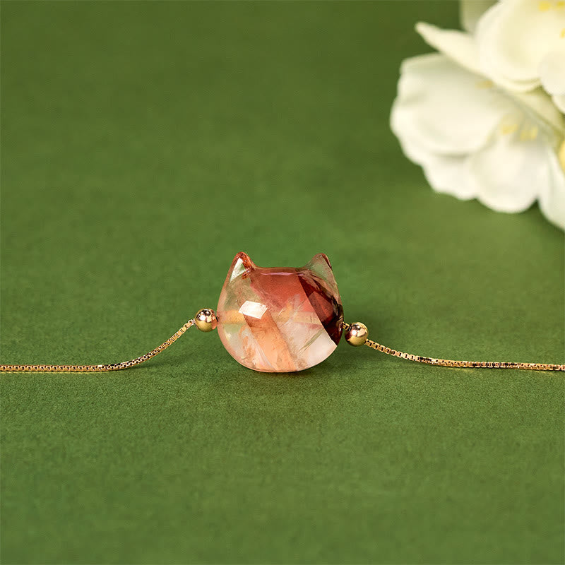 Bransoletka z Buddha Stones ze srebra próby 925 z beztwarzową głową kota i naturalnym czerwonym kwiatem kwarcu i pasją - image 1