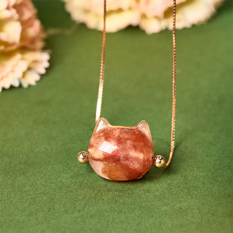 Naszyjnik ochronny z Buddha Stones ze srebra próby 925 z głową kota i naturalnym czerwonym kwarcem kwiatowym - Kwarc inkluzyjny - image 0