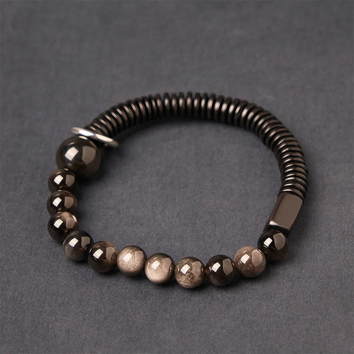 Bransoletka ochronna z obsydianu i skorupy kokosa z Buddha Stones w srebrnym połysku - Srebrny połysk obsydianu i skorupy kokosa (obwód nadgarstka: 18-20 cm) - image 1