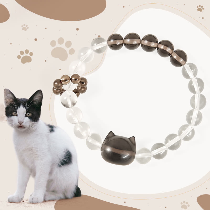 Bransoletka ochronna z naturalnego białego kryształu z kwarcu dymnego z japońskim kotem bobtail w kolorze Buddha Stones - Kot japoński bobtail (obwód nadgarstka: 14-16 cm) - image 1