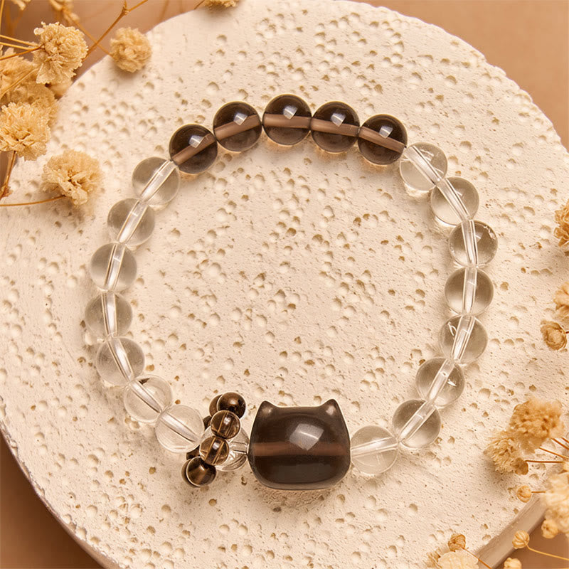Bransoletka ochronna z naturalnego białego kryształu z kwarcu dymnego z japońskim kotem bobtail w kolorze Buddha Stones - image 3