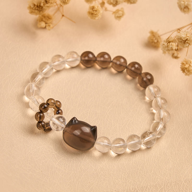 Bransoletka ochronna z naturalnego białego kryształu z kwarcu dymnego z japońskim kotem bobtail w kolorze Buddha Stones - image 2