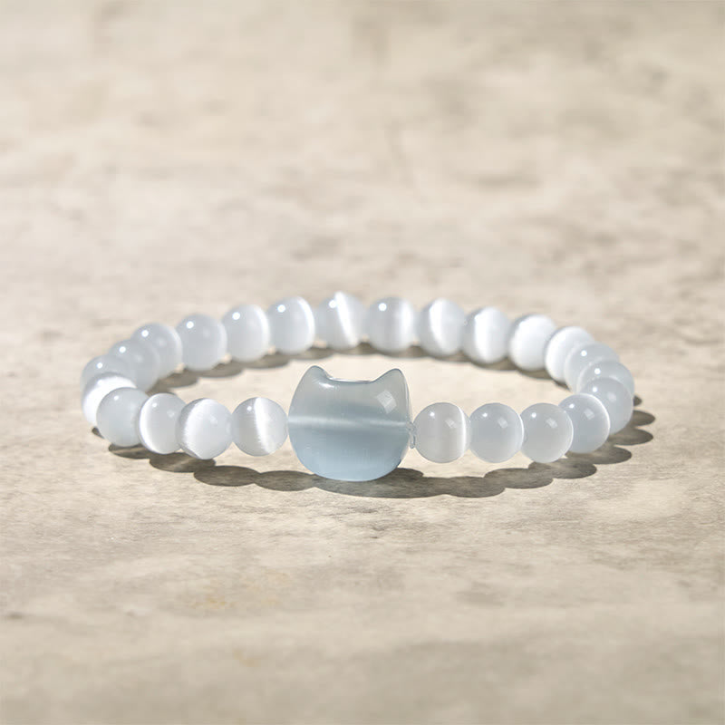 Bransoletka z koralików z Buddha Stones z uroczą głową kota w kolorze różowym i białym kocim okiem - Białe kocie oko (obwód nadgarstka: 15-20 cm) - image 9