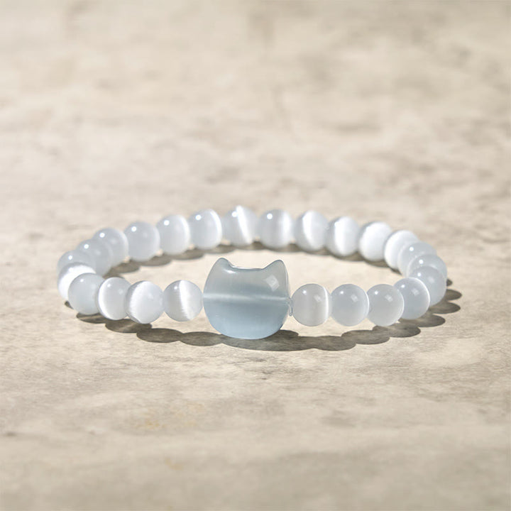 Bransoletka z koralików z Buddha Stones z uroczą głową kota w kolorze różowym i białym kocim okiem - Białe kocie oko (obwód nadgarstka: 15-20 cm) - image 9