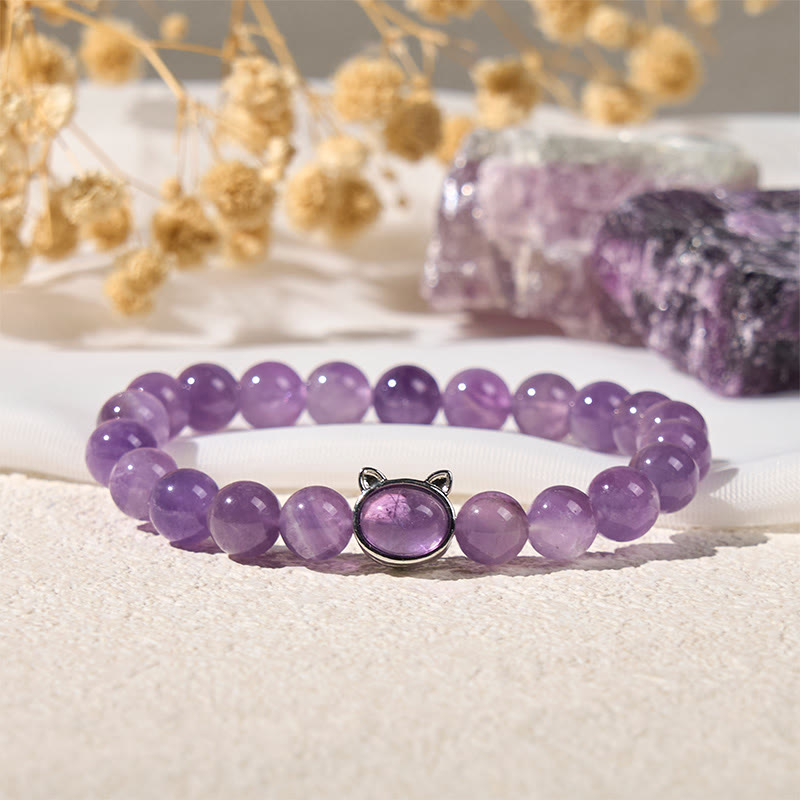 Bransoletka lecznicza z naturalnym ametystem i Buddha Stones w kształcie uroczego kota - Ametyst (obwód nadgarstka: 14-16 cm) - image 1