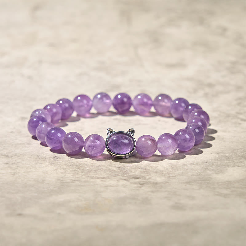 Bransoletka lecznicza z naturalnym ametystem i Buddha Stones w kształcie uroczego kota - image 4