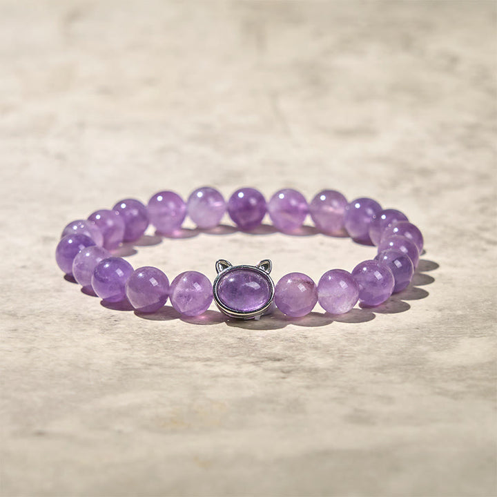 Bransoletka lecznicza z naturalnym ametystem i Buddha Stones w kształcie uroczego kota - image 4