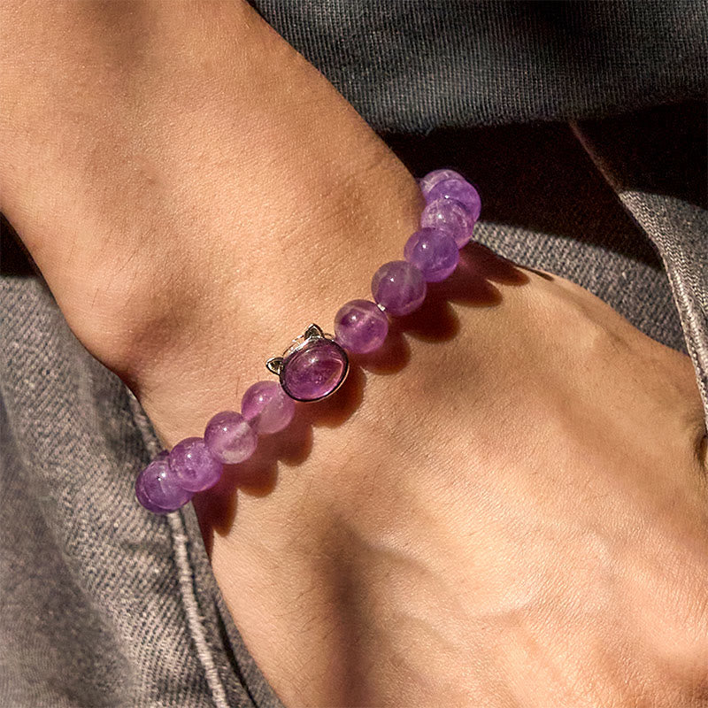 Bransoletka lecznicza z naturalnym ametystem i Buddha Stones w kształcie uroczego kota - image 5
