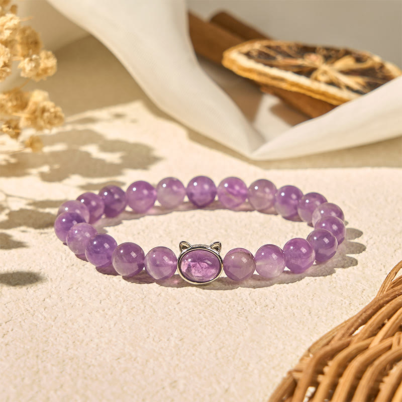 Bransoletka lecznicza z naturalnym ametystem i Buddha Stones w kształcie uroczego kota - image 3