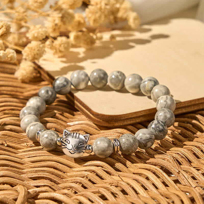 Bransoletka lecznicza z koralików z naturalnego szarego jaspisu z Buddha Stones , słodki kotek - image 4