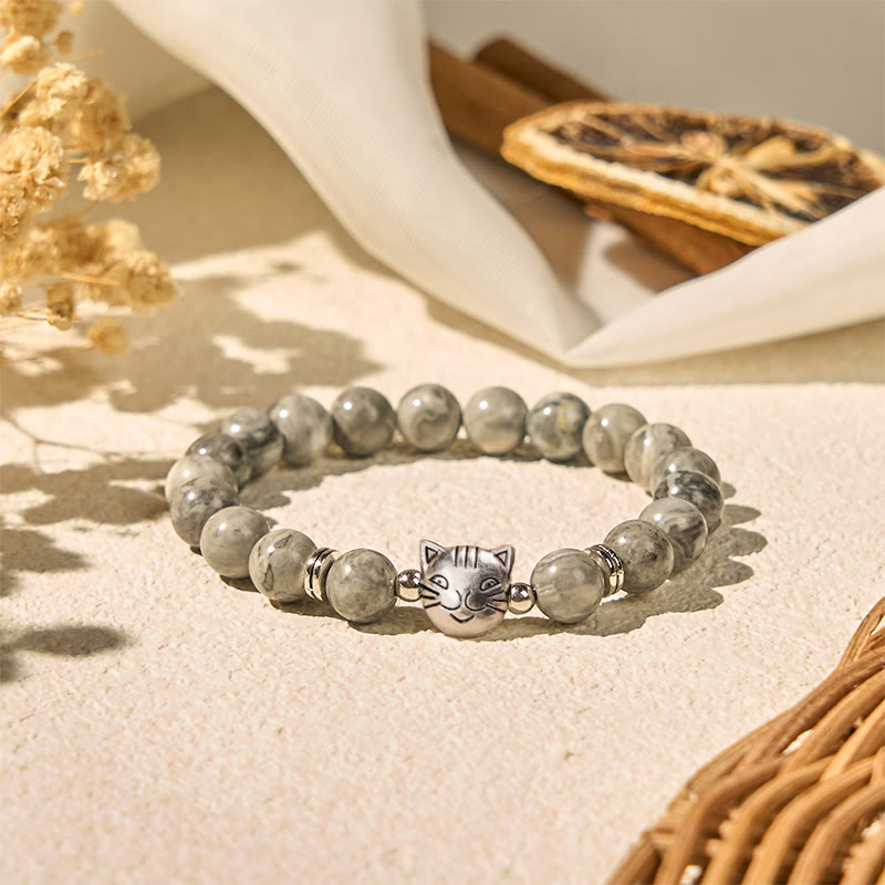 Bransoletka lecznicza z koralików z naturalnego szarego jaspisu z Buddha Stones , słodki kotek - image 3
