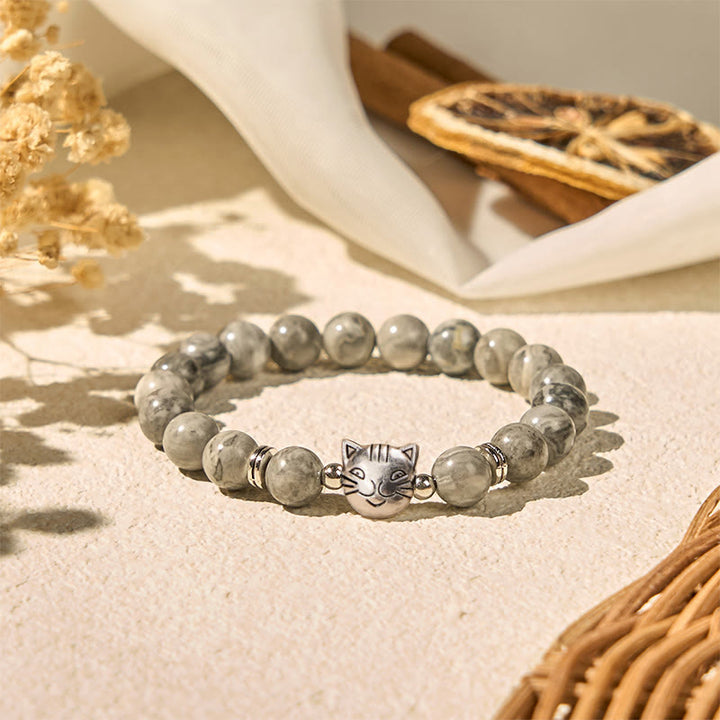 Bransoletka lecznicza z koralików z naturalnego szarego jaspisu z Buddha Stones , słodki kotek - image 3