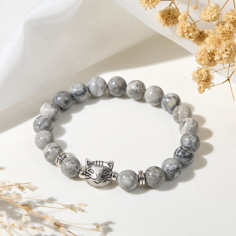 Bransoletka lecznicza z koralików z naturalnego szarego jaspisu z Buddha Stones , słodki kotek - Szary jaspis (obwód nadgarstka: 16-19 cm) - image 1