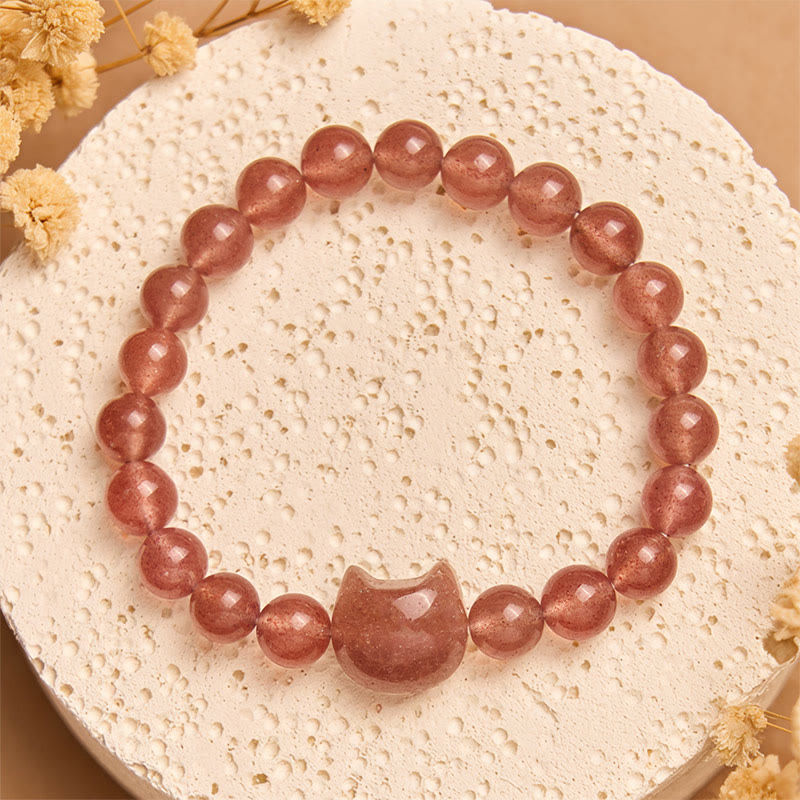 Naturalna bransoletka z kwarcu truskawkowego i Buddha Stones z kotem, uzdrawiająca i pozytywna - Kwarc truskawkowy (obwód nadgarstka 15-16 cm) - image 1