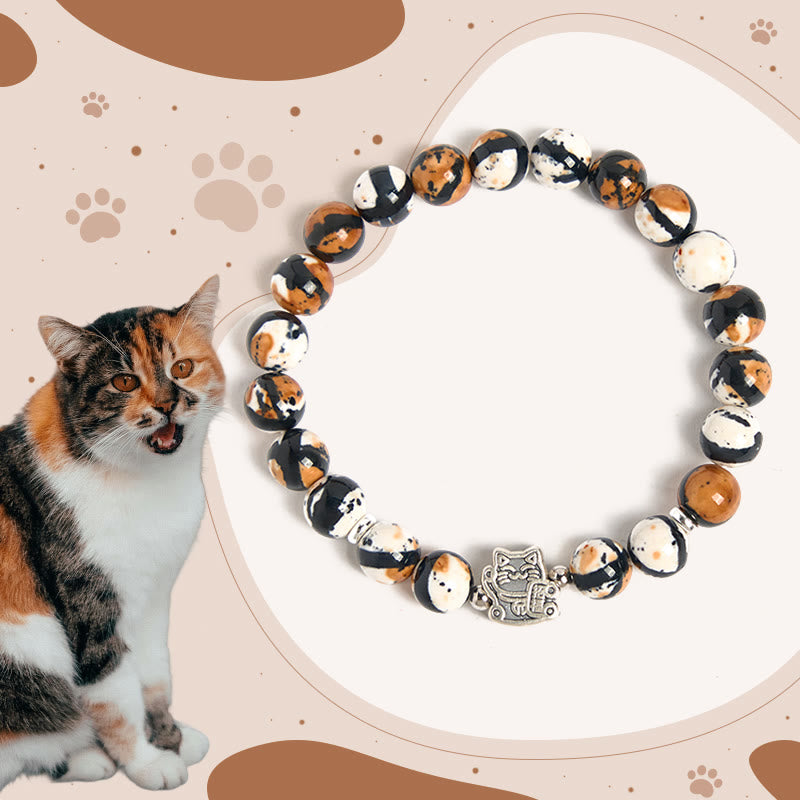 Bransoletka z koralików z Buddha Stones ze srebra próby 925 i kamieniem Calico Cat - Kot kaliko (obwód nadgarstka 15-16 cm) - image 1
