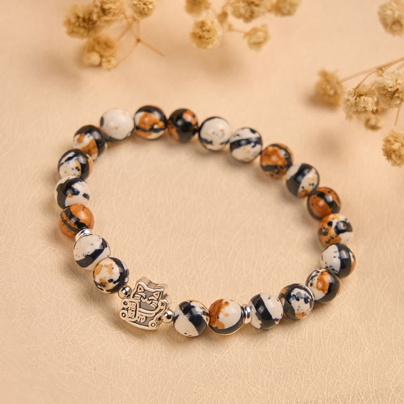 Bransoletka z koralików z Buddha Stones ze srebra próby 925 i kamieniem Calico Cat - image 2
