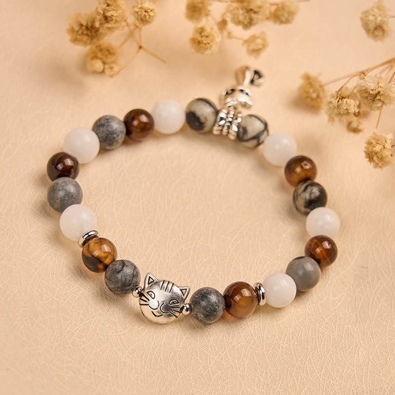 Bransoletka z Buddha Stones , trójkolorowy kot, czarny jaspis z żyłkami, brązowy agat w paski, chalcedon - image 2
