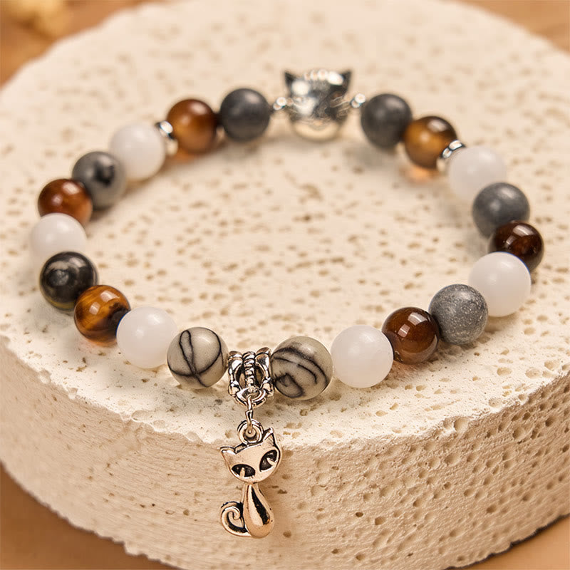 Bransoletka z Buddha Stones , trójkolorowy kot, czarny jaspis z żyłkami, brązowy agat w paski, chalcedon - image 3
