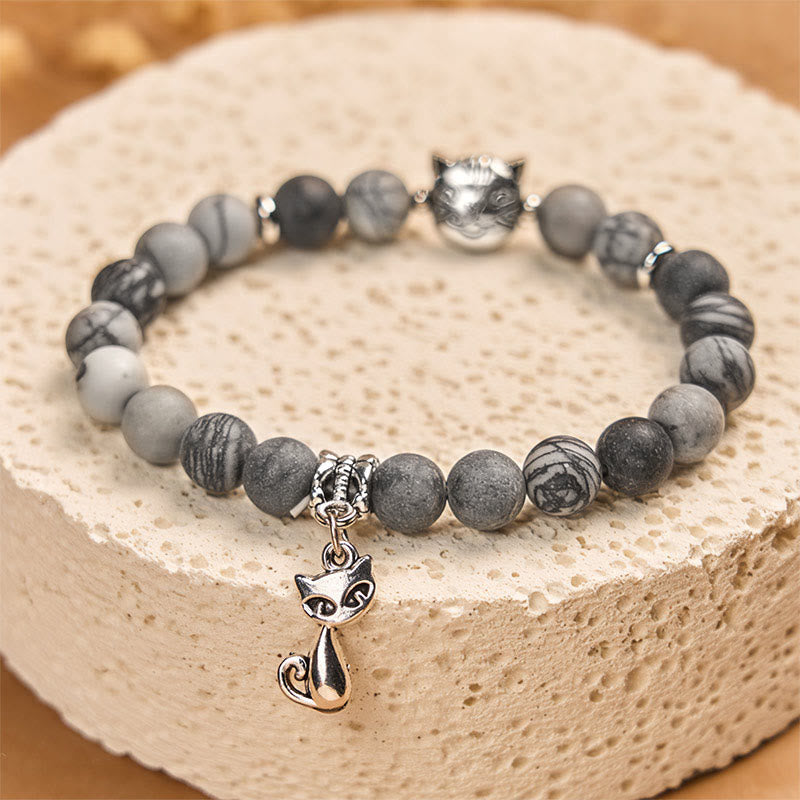 Bransoletka z naturalnego czarnego jaspisu z Buddha Stones z szarym pręgowanym kotem - image 2