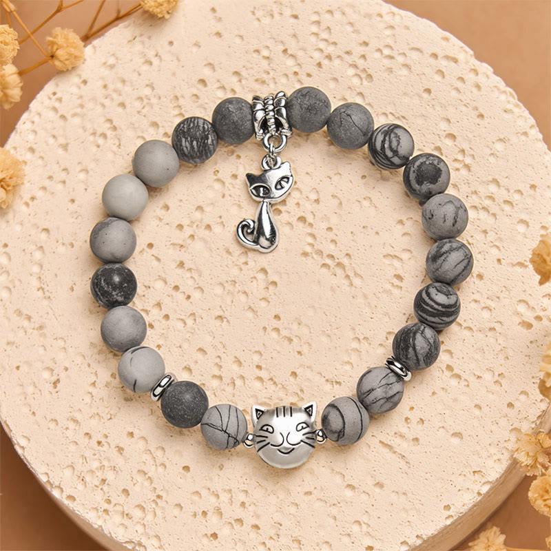 Bransoletka z naturalnego czarnego jaspisu z Buddha Stones z szarym pręgowanym kotem - image 2