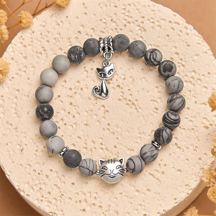 Bransoletka z naturalnego czarnego jaspisu z Buddha Stones z szarym pręgowanym kotem - image 1