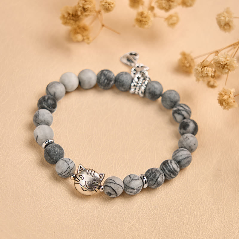 Bransoletka z naturalnego czarnego jaspisu z Buddha Stones z szarym pręgowanym kotem - image 3