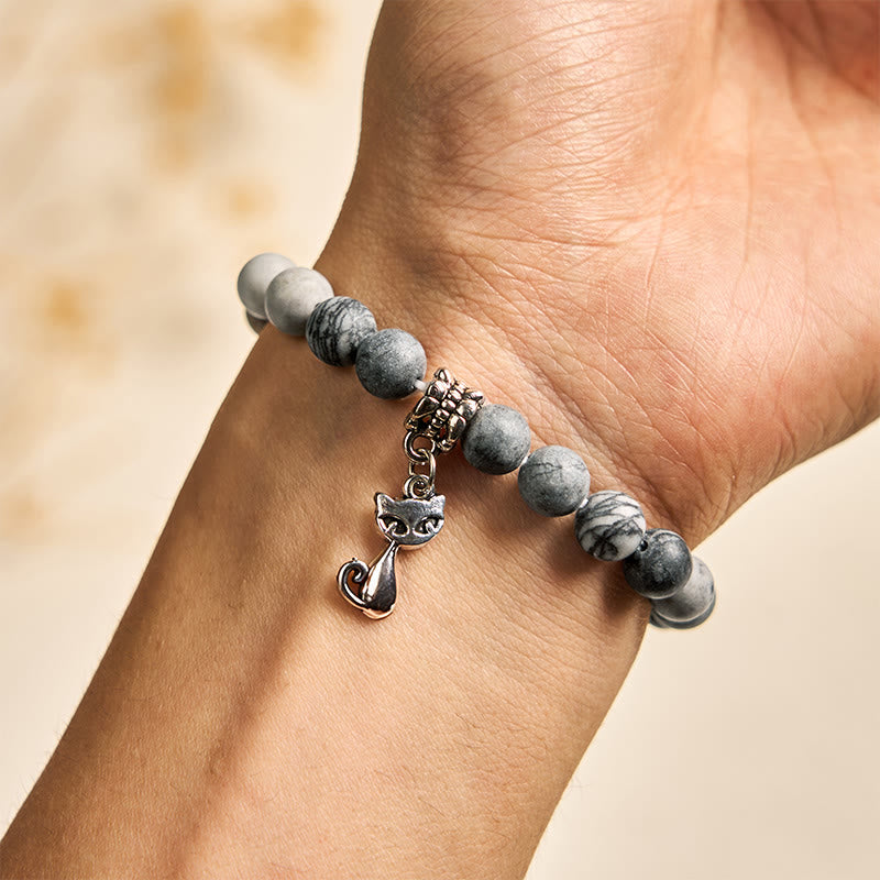 Bransoletka z naturalnego czarnego jaspisu z Buddha Stones z szarym pręgowanym kotem - image 4