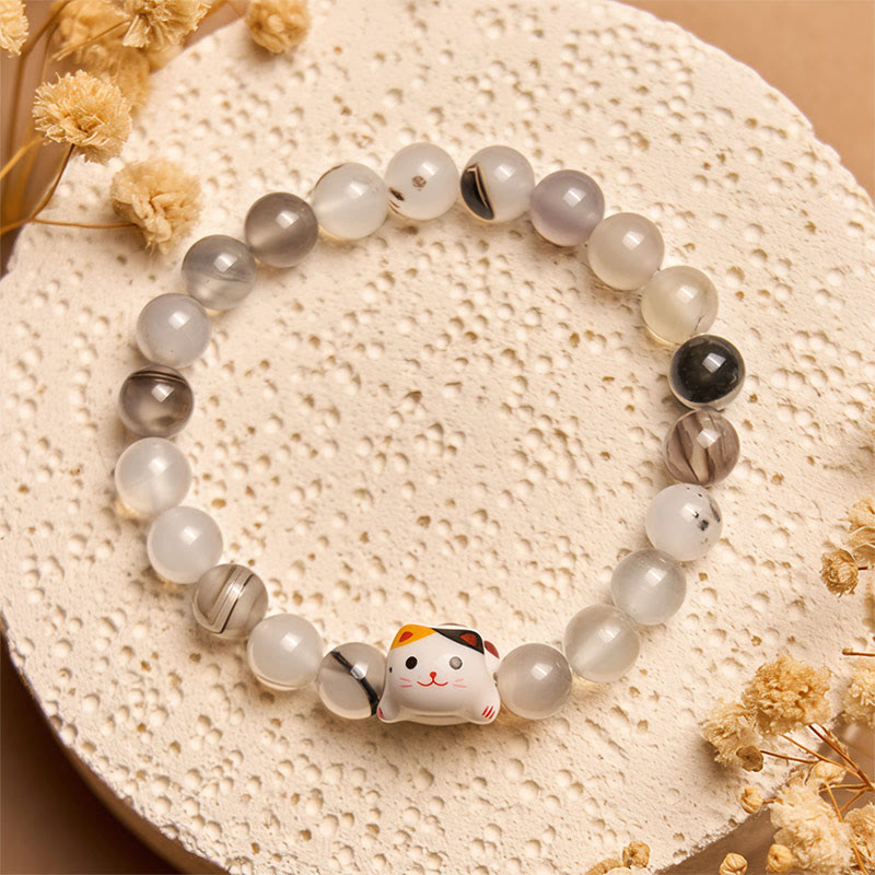 Bransoletka mocy z ceramicznym kamieniem agatu i głową kociaka w kolorze Buddha Stones - image 2