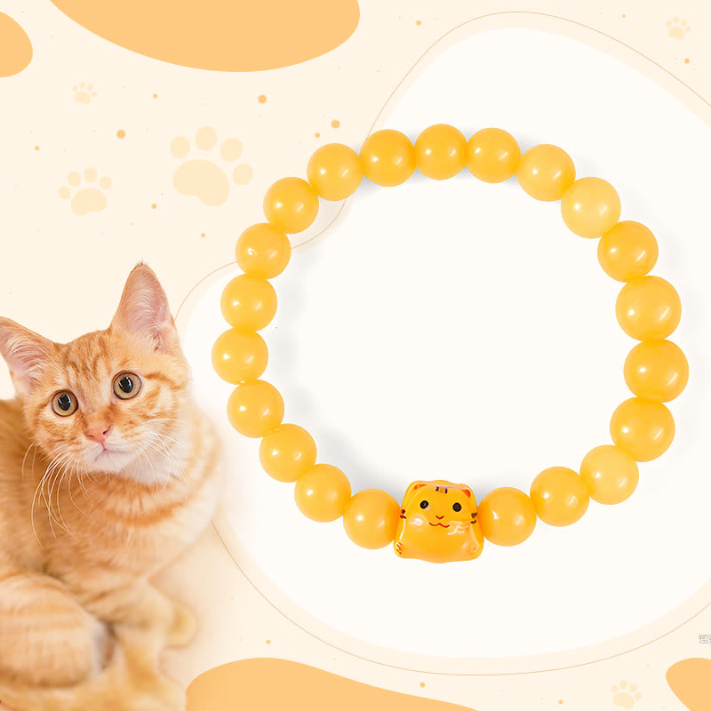 Bransoletka z Buddha Stones z pomarańczowym pręgowanym kotem i żółtym chalcedonem z ceramiki Kitten Joy - Pomarańczowy pręgowany kot (obwód nadgarstka 15-16 cm) - image 1