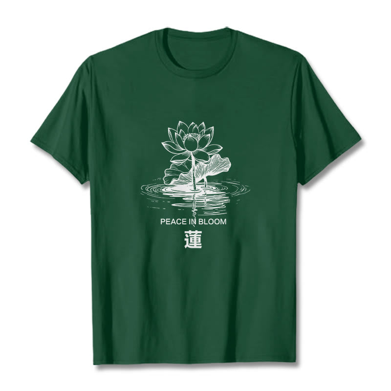 Koszulka bawełniana z motywem falującym w kształcie liści lotosu i kamieni Buddha Stones - ForestGreen - 2XL - image 11