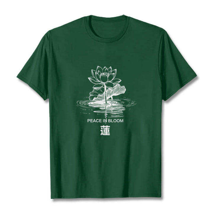 Koszulka bawełniana z motywem falującym w kształcie liści lotosu i kamieni Buddha Stones - ForestGreen - 2XL - image 11