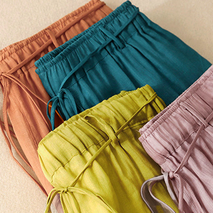 Spodnie damskie z szerokimi nogawkami i kieszeniami, proste, z bawełny, z nadrukiem "Buddha Stones", ze ściągaczem - image 7