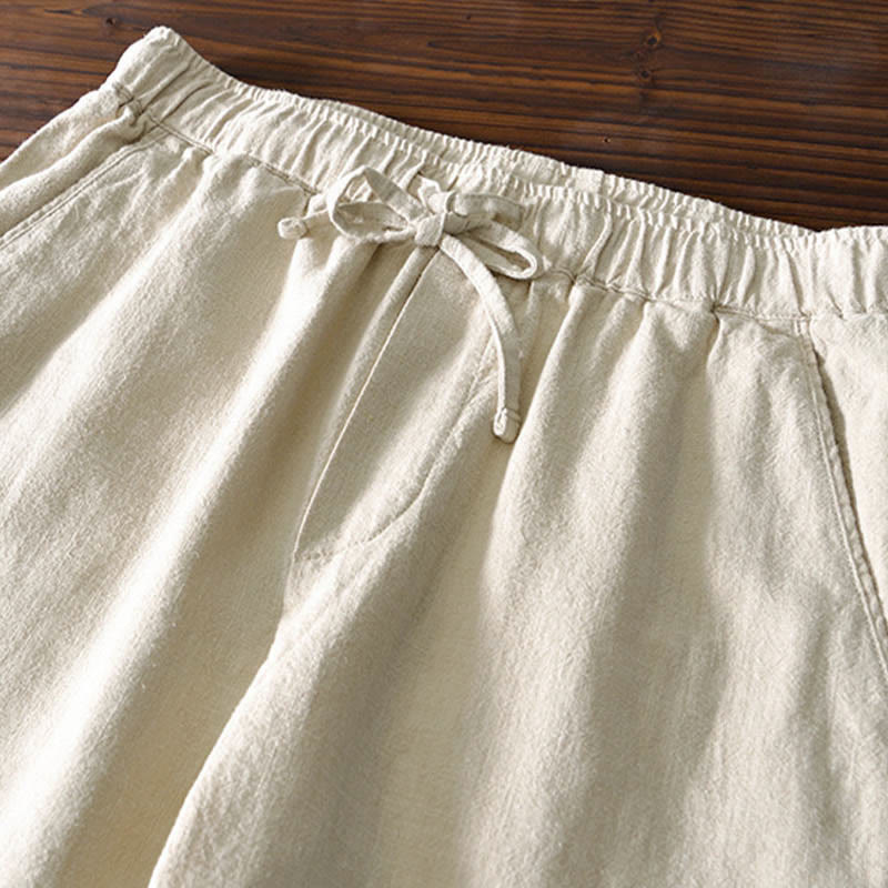 Buddha Stones Casual Jednolity Kolor Prosty Design Ściągacz Ramie Lniane Męskie Spodnie Z Kieszeniami - image 1