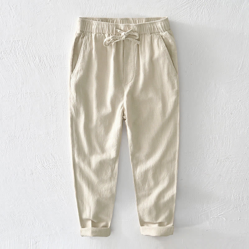 Buddha Stones Casual Jednolity Kolor Prosty Design Ściągacz Ramie Lniane Męskie Spodnie Z Kieszeniami - Jasnozłoty - US/UK/AU44， EU54 (4XL) - image 0