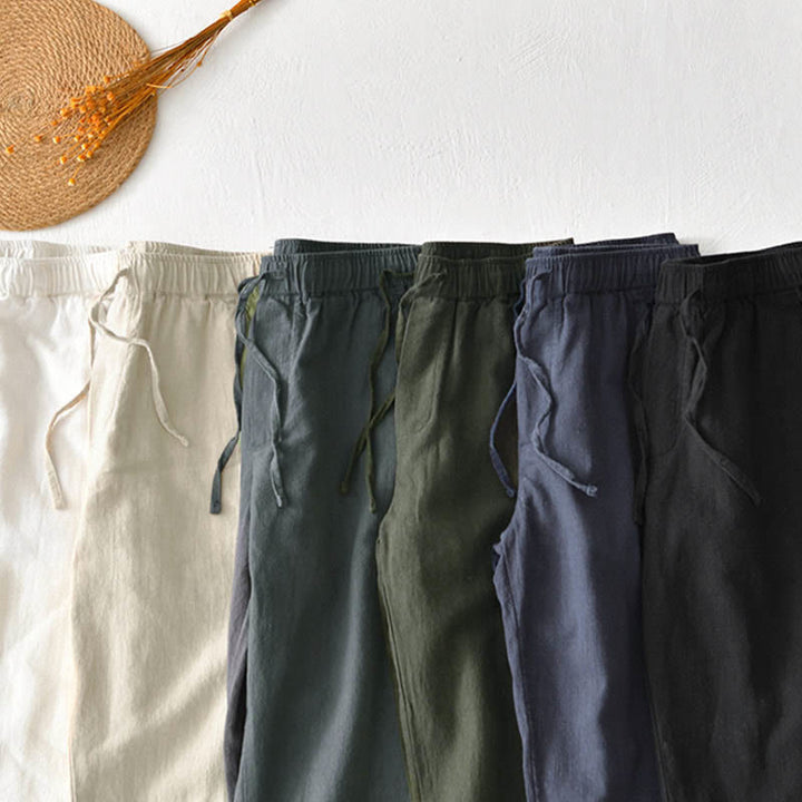 Buddha Stones Casual Jednolity Kolor Prosty Design Ściągacz Ramie Lniane Męskie Spodnie Z Kieszeniami - image 33