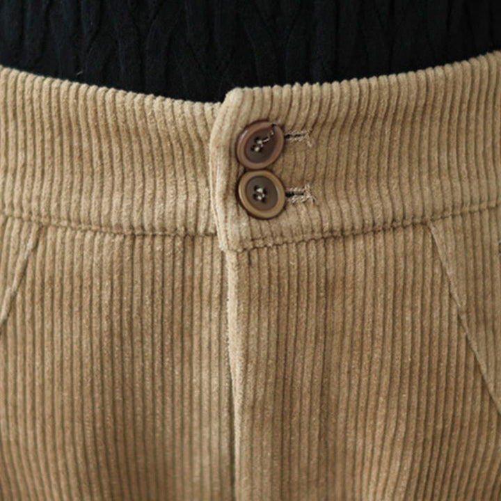 Spodnie damskie z bawełnianego sztruksu z kieszeniami i guzikami w stylu casual z Buddha Stones , z rozcięciem na nogawce - image 6