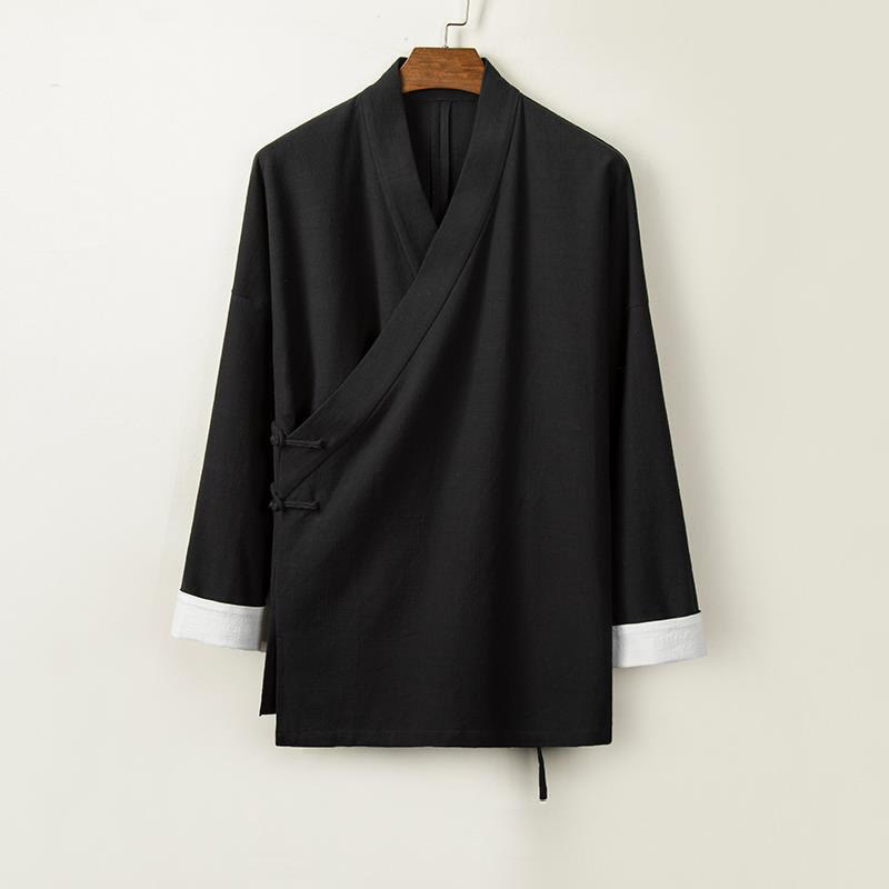 Buddha Stones, chińskie żaby, guziki, długi rękaw, otwarty przód, męska kurtka z bawełny i lnu, kimono - Czarny - US/UK/AU44， EU54 (4XL) - image 3
