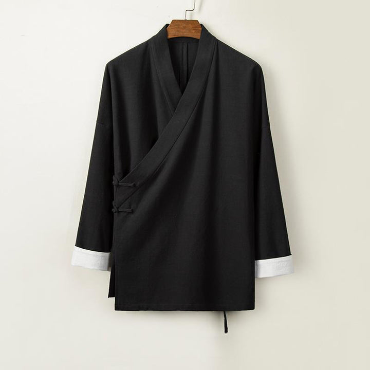 Buddha Stones, chińskie żaby, guziki, długi rękaw, otwarty przód, męska kurtka z bawełny i lnu, kimono - Czarny - US/UK/AU44， EU54 (4XL) - image 3