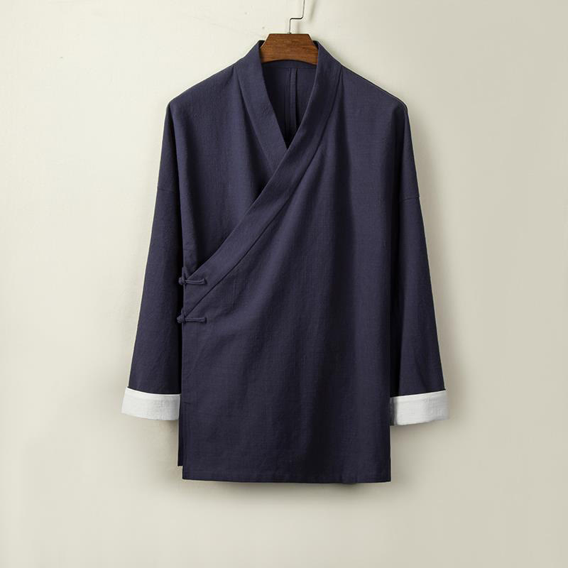 Buddha Stones, chińskie żaby, guziki, długi rękaw, otwarty przód, męska kurtka z bawełny i lnu, kimono - MidnightBlue - US/UK/AU44， EU54 (4XL) - image 7