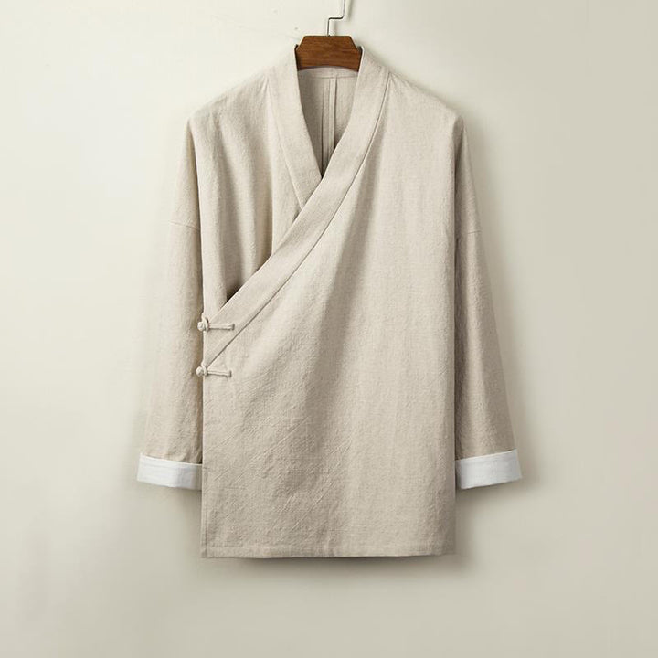 Buddha Stones, chińskie żaby, guziki, długi rękaw, otwarty przód, męska kurtka z bawełny i lnu, kimono - Beżowy - US/UK/AU44， EU54 (4XL) - image 0