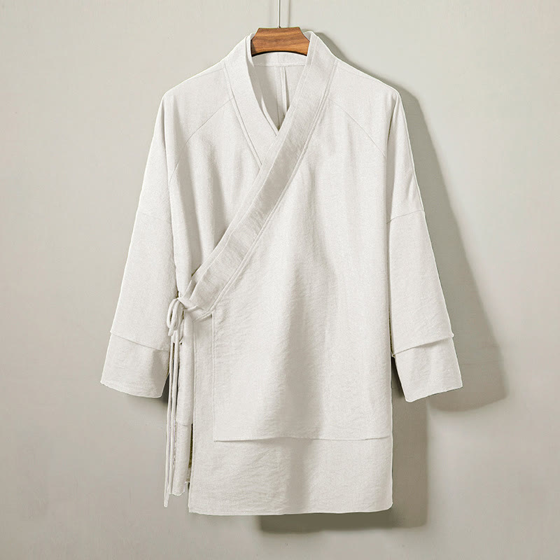 Męska kurtka z długim rękawem z bawełny i lnu, sznurowana, z odkrytym przodem, z Buddha Stones, kimono - FloralWhite - US/UK/AU44， EU54 (4XL) - image 7
