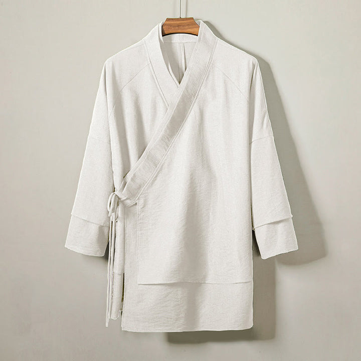 Męska kurtka z długim rękawem z bawełny i lnu, sznurowana, z odkrytym przodem, z Buddha Stones, kimono - FloralWhite - US/UK/AU44， EU54 (4XL) - image 7