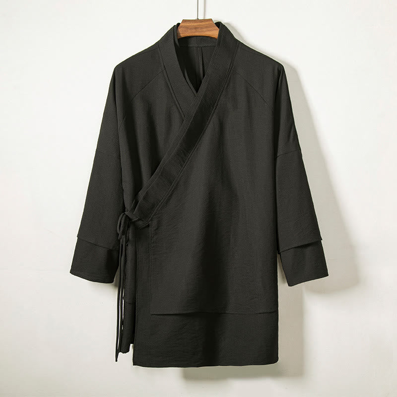 Męska kurtka z długim rękawem z bawełny i lnu, sznurowana, z odkrytym przodem, z Buddha Stones, kimono - Czarny - US/UK/AU44， EU54 (4XL) - image 1