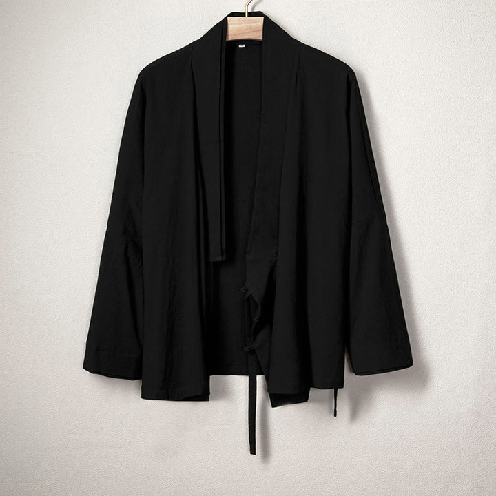 Męska kurtka z bawełny i lnu z długim rękawem i prostym wzorem "Buddha Stones" z otwartym przodem i kimonem - Czarny - US/UK/AU44， EU54 (4XL) - image 1