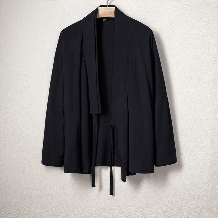 Męska kurtka z bawełny i lnu z długim rękawem i prostym wzorem "Buddha Stones" z otwartym przodem i kimonem - MidnightBlue - US/UK/AU44， EU54 (4XL) - image 3
