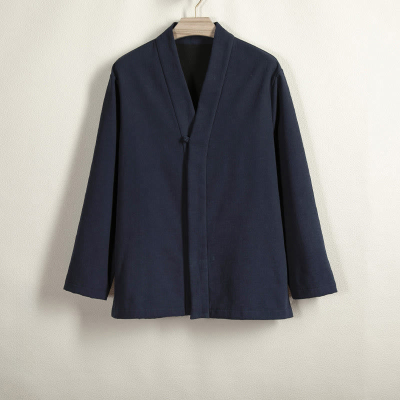 Męska Buddha Stones kimono z długim rękawem i zapięciem na żabki, z polarową podszewką i bawełnianym lnem - MidnightBlue - US/UK/AU44， EU54 (4XL) - image 1