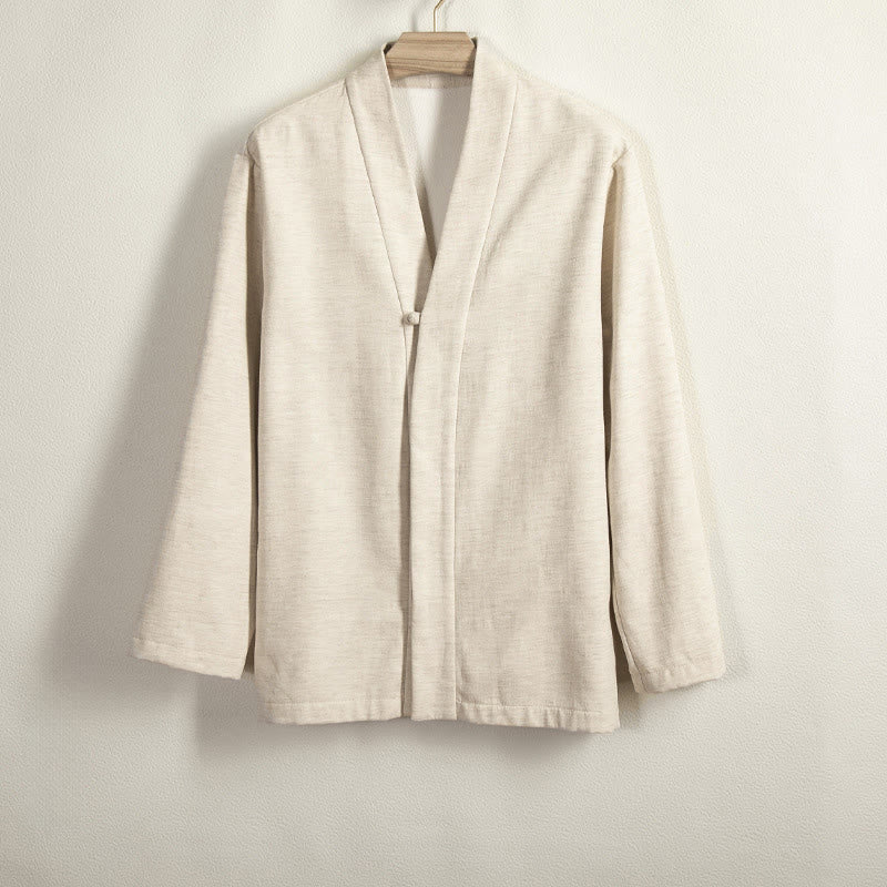 Męska Buddha Stones kimono z długim rękawem i zapięciem na żabki, z polarową podszewką i bawełnianym lnem - Beżowy - US/UK/AU44， EU54 (4XL) - image 8