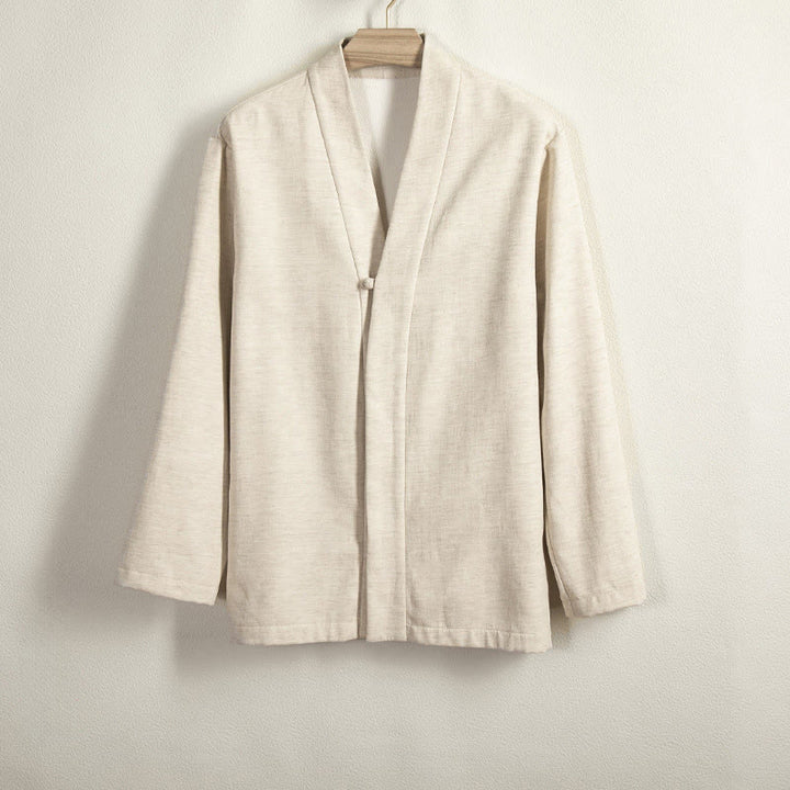 Męska Buddha Stones kimono z długim rękawem i zapięciem na żabki, z polarową podszewką i bawełnianym lnem - Beżowy - US/UK/AU44， EU54 (4XL) - image 8